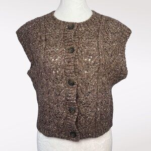 Chunky Knit Brown Wool Sleeveless Cardigan Button Front Sweater Vest Size Small